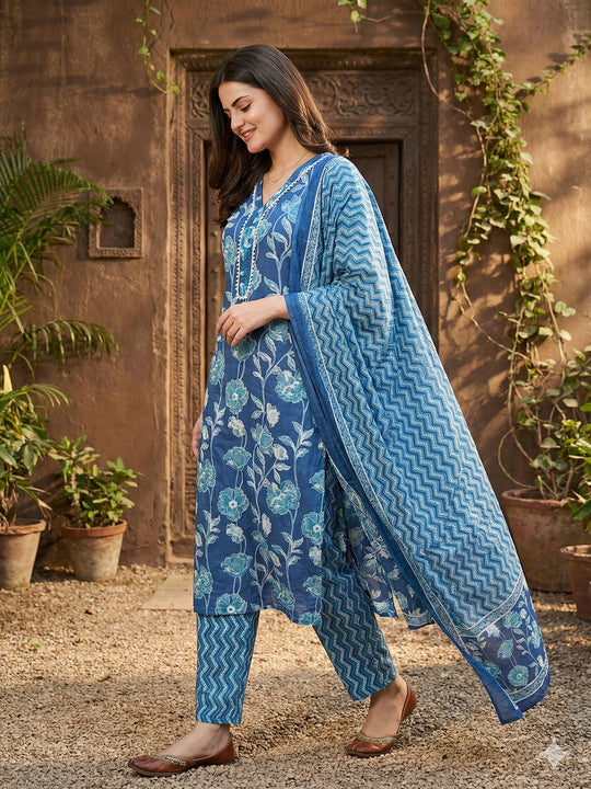 Jaitpuriya Blue Pure Cotton Straight Regular Kurta Set