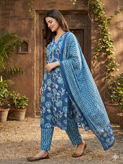 Jaitpuriya Blue Pure Cotton Straight Regular Kurta Set