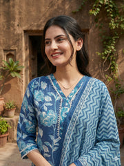 Jaitpuriya Blue Pure Cotton Straight Regular Kurta Set