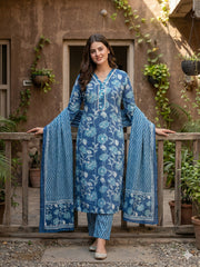 Jaitpuriya Blue Pure Cotton Straight Regular Kurta Set