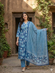Jaitpuriya Blue Pure Cotton Straight Regular Kurta Set