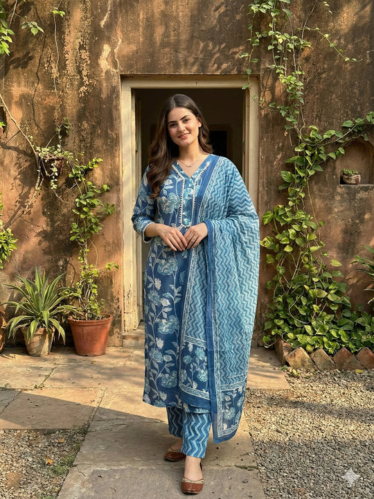 Jaitpuriya Blue Pure Cotton Straight Regular Kurta Set