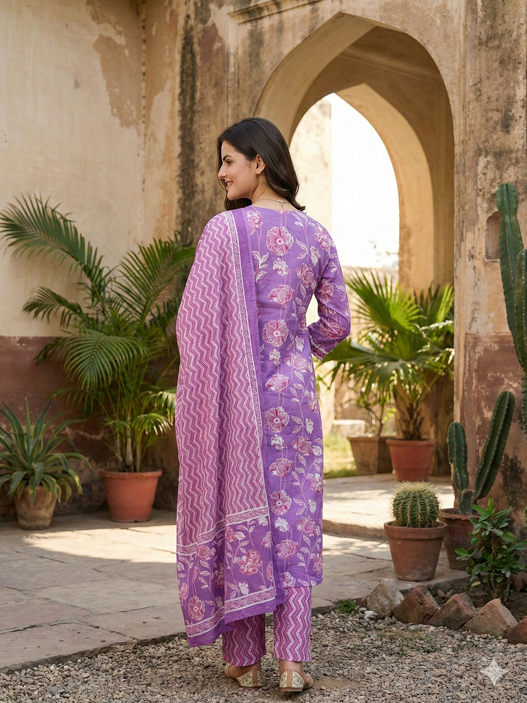 Jaitpuriya Purple Pure Cotton Straight Regular Kurta Set