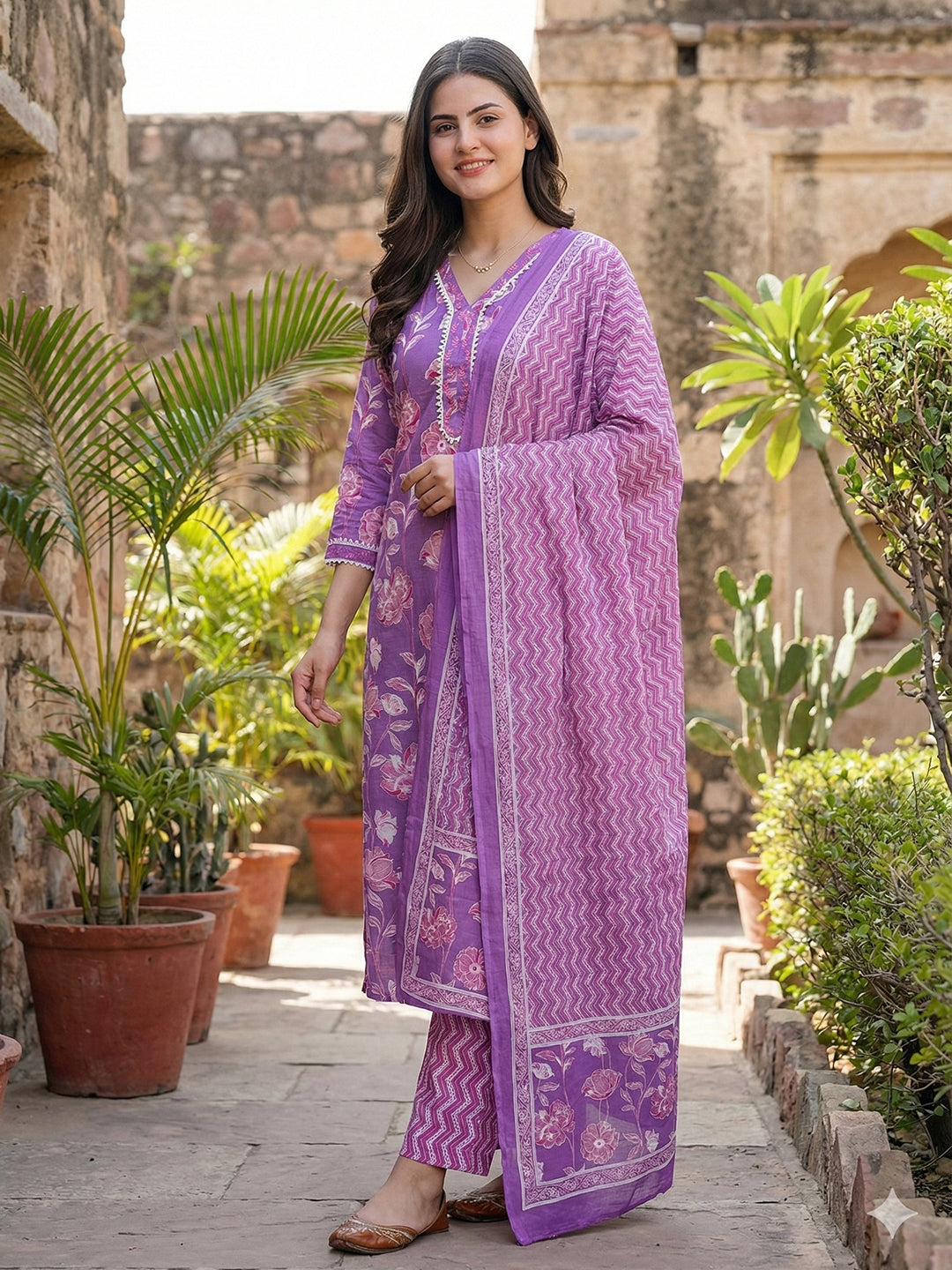 Jaitpuriya Purple Pure Cotton Straight Regular Kurta Set