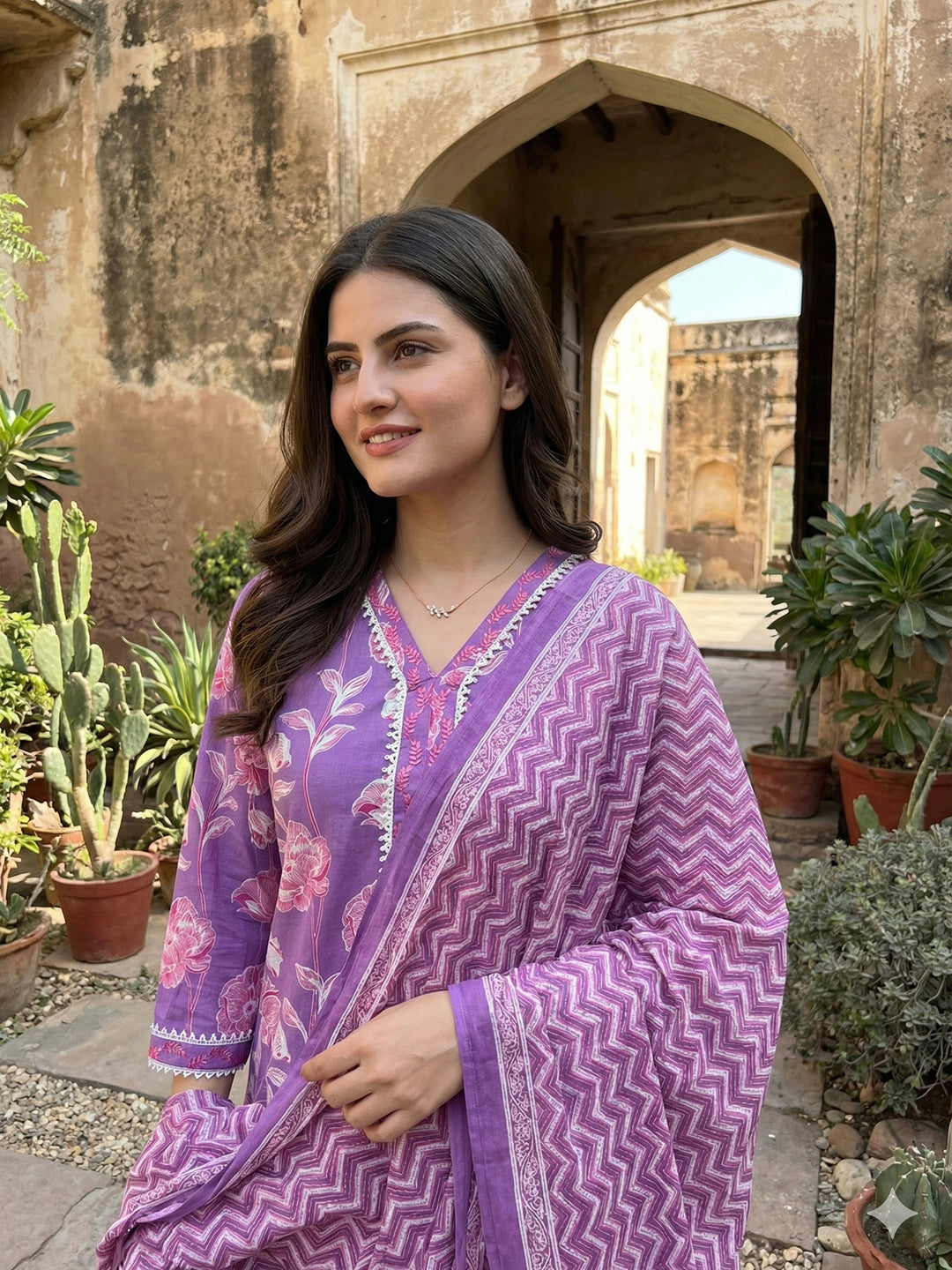 Jaitpuriya Purple Pure Cotton Straight Regular Kurta Set