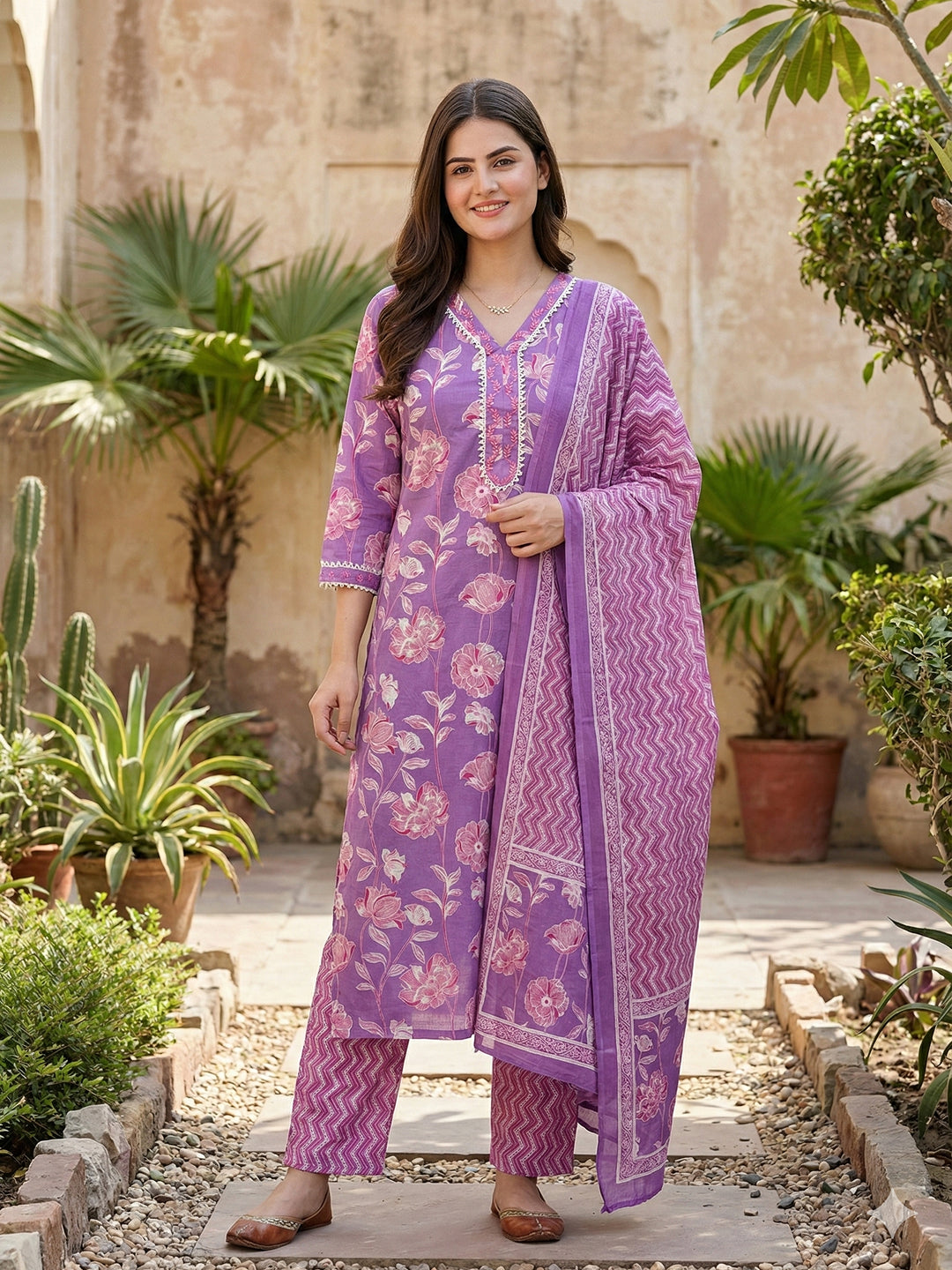 Jaitpuriya Purple Pure Cotton Straight Regular Kurta Set