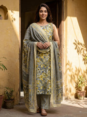 Jaitpuriya Grey And Yellow Pure Cotton Straight Regular Kurta Set