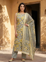 Jaitpuriya Grey And Yellow Pure Cotton Straight Regular Kurta Set