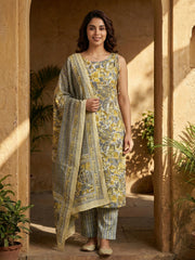 Jaitpuriya Grey And Yellow Pure Cotton Straight Regular Kurta Set