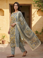 Jaitpuriya Grey And Yellow Pure Cotton Straight Regular Kurta Set