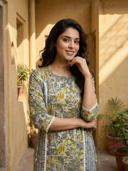 Jaitpuriya Grey And Yellow Pure Cotton Straight Regular Kurta Set