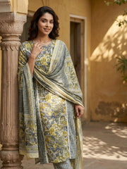 Jaitpuriya Grey And Yellow Pure Cotton Straight Regular Kurta Set