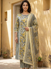 Jaitpuriya Grey And Yellow Pure Cotton Straight Regular Kurta Set
