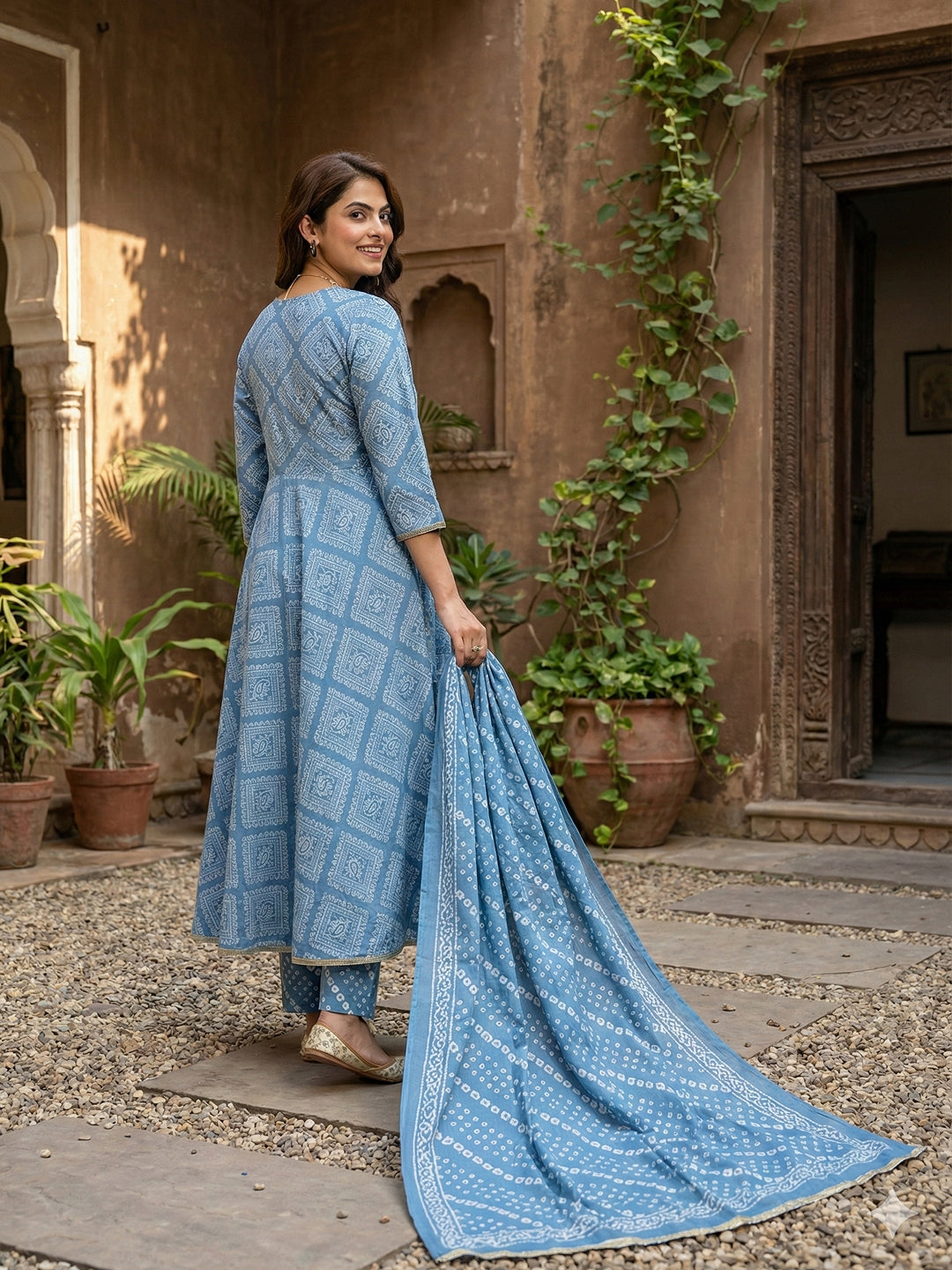 Jaitpuriya Blue Pure Cotton Anarkali Angrakha Kurta Set