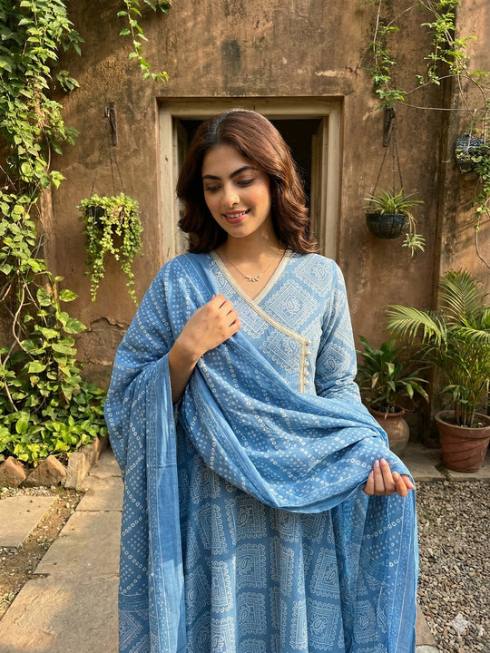 Jaitpuriya Blue Pure Cotton Anarkali Angrakha Kurta Set
