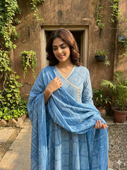 Jaitpuriya Blue Pure Cotton Anarkali Angrakha Kurta Set