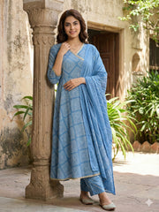 Jaitpuriya Blue Pure Cotton Anarkali Angrakha Kurta Set