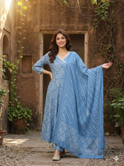 Jaitpuriya Blue Pure Cotton Anarkali Angrakha Kurta Set