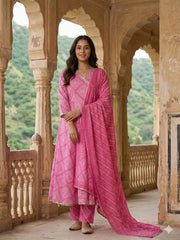 Jaitpuriya Pink Pure Cotton Anarkali Angrakha Kurta Set