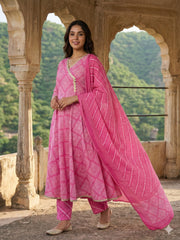 Jaitpuriya Pink Pure Cotton Anarkali Angrakha Kurta Set