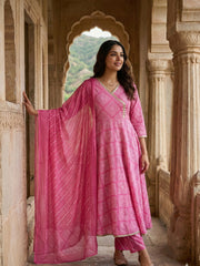 Jaitpuriya Pink Pure Cotton Anarkali Angrakha Kurta Set