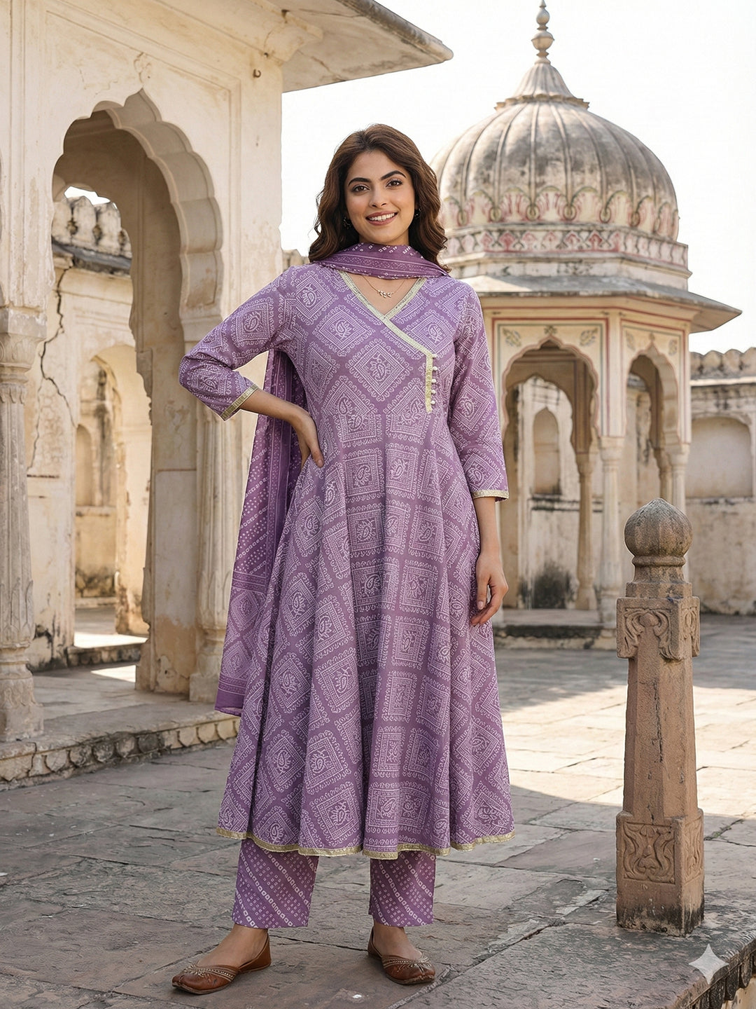 Jaitpuriya Light Purple Pure Cotton Anarkali Angrakha Kurta Set
