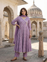 Jaitpuriya Light Purple Pure Cotton Anarkali Angrakha Kurta Set