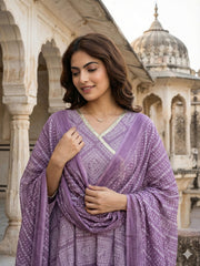 Jaitpuriya Light Purple Pure Cotton Anarkali Angrakha Kurta Set