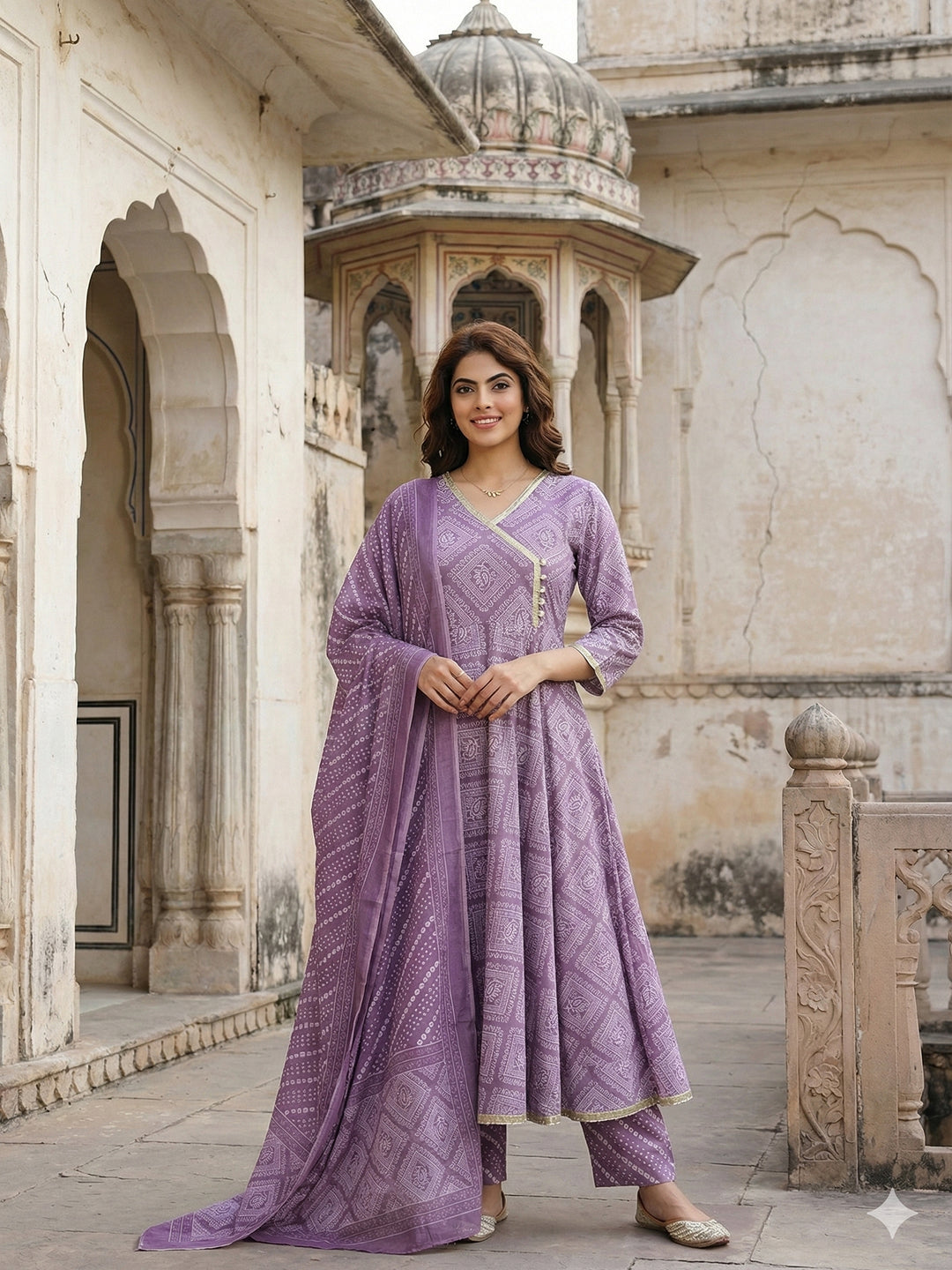 Jaitpuriya Light Purple Pure Cotton Anarkali Angrakha Kurta Set