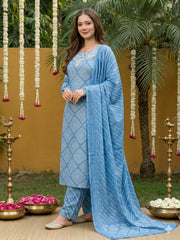 Jaitpuriya Blue Pure Cotton Straight Regular Kurta Set