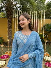 Jaitpuriya Blue Pure Cotton Straight Regular Kurta Set