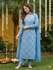 Jaitpuriya Blue Pure Cotton Straight Regular Kurta Set