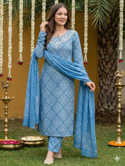Jaitpuriya Blue Pure Cotton Straight Regular Kurta Set
