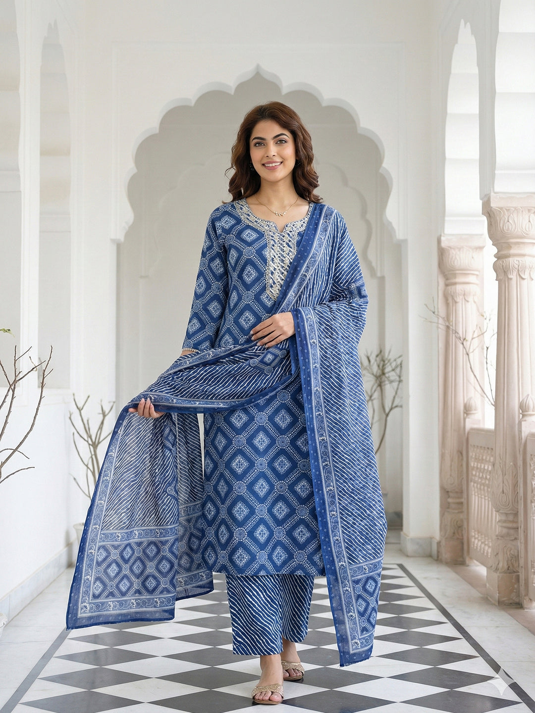Jaitpuriya Blue Pure Cotton Straight Regular Kurta Set