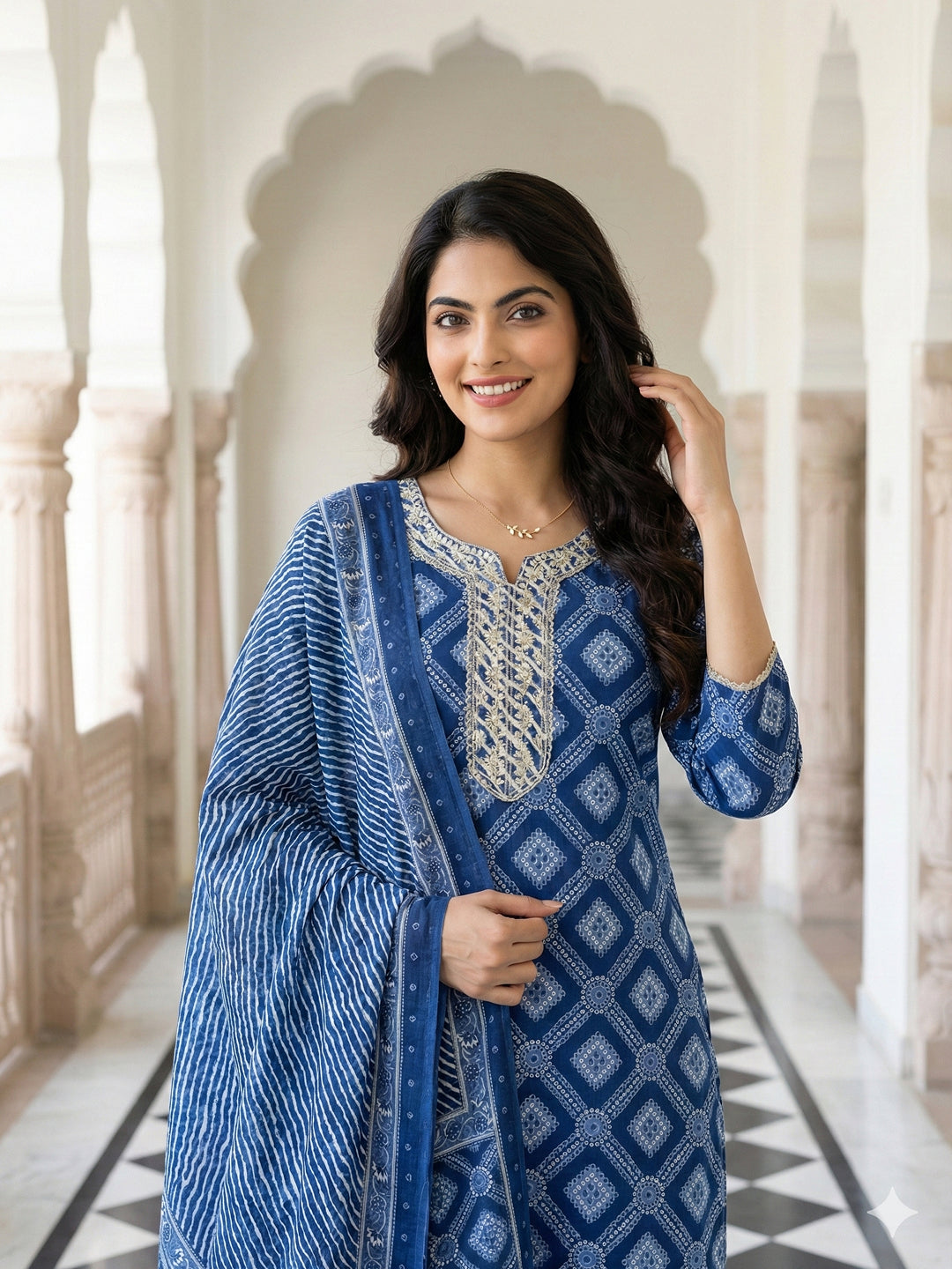 Jaitpuriya Blue Pure Cotton Straight Regular Kurta Set
