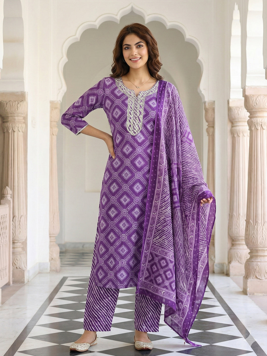 Jaitpuriya Purple Pure Cotton Straight Regular Kurta Set