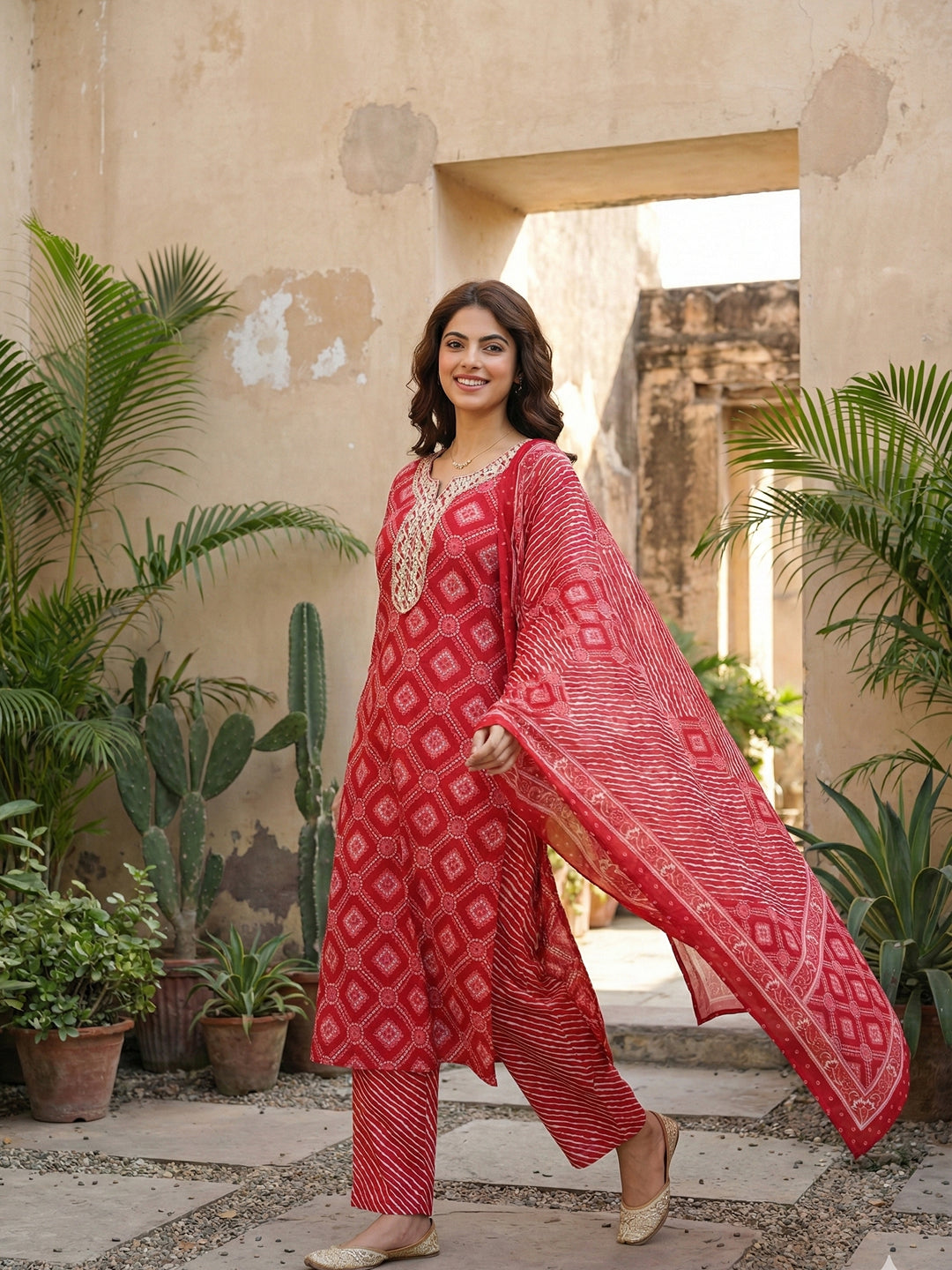Jaitpuriya Red Pure Cotton Straight Regular Kurta Set