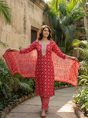 Jaitpuriya Red Pure Cotton Straight Regular Kurta Set