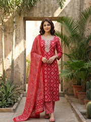 Jaitpuriya Red Pure Cotton Straight Regular Kurta Set