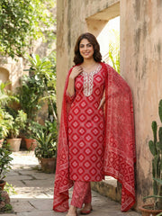 Jaitpuriya Red Pure Cotton Straight Regular Kurta Set