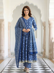 Jaitpuriya Blue Pure Cotton Anarkali Regular Kurta Set