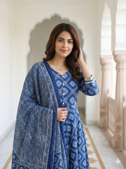 Jaitpuriya Blue Pure Cotton Anarkali Regular Kurta Set