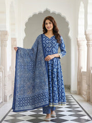 Jaitpuriya Blue Pure Cotton Anarkali Regular Kurta Set