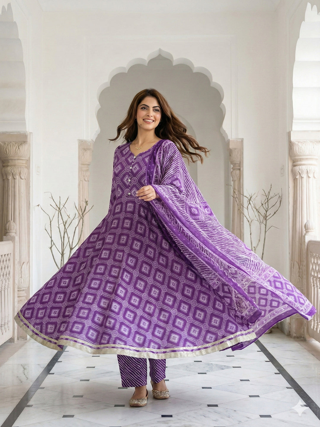 Jaitpuriya Purple Pure Cotton Anarkali Regular Kurta Set