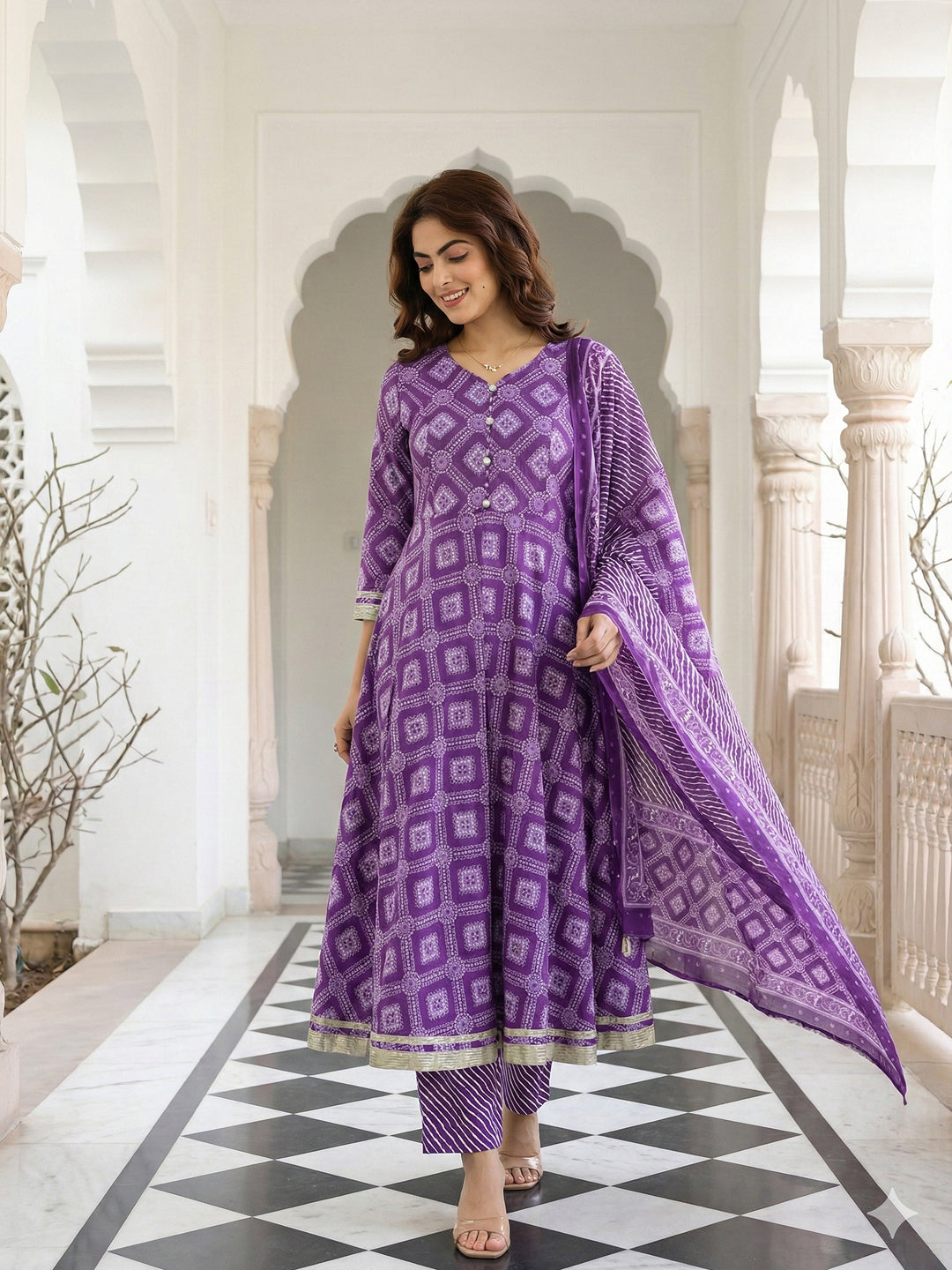 Jaitpuriya Purple Pure Cotton Anarkali Regular Kurta Set