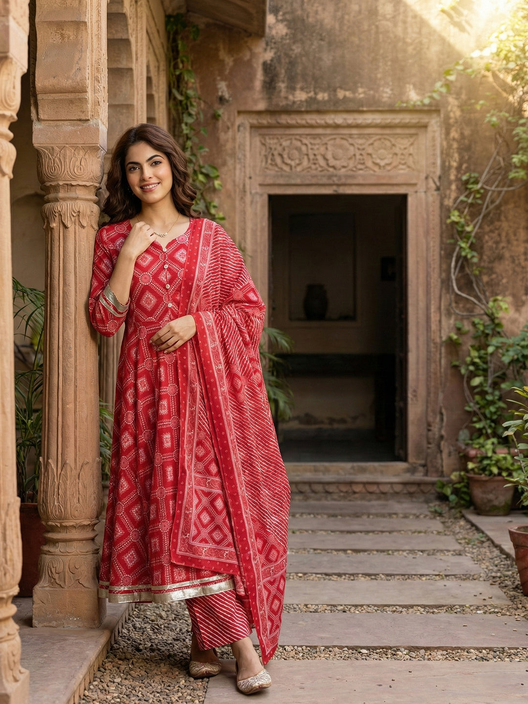 Jaitpuriya Red Pure Cotton Anarkali Regular Kurta Set