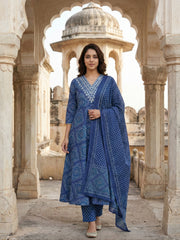 Jaitpuriya Blue Pure Cotton Anarkali Regular Kurta Set
