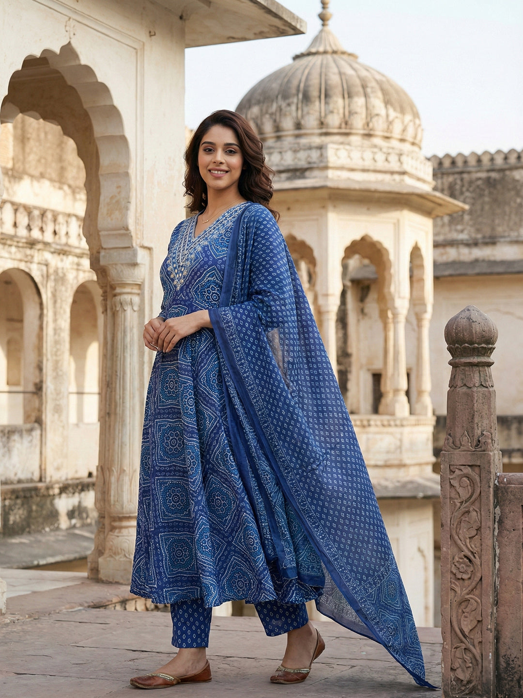 Jaitpuriya Blue Pure Cotton Anarkali Regular Kurta Set
