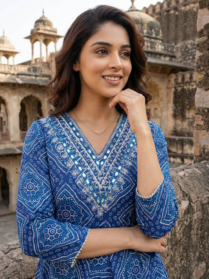 Jaitpuriya Blue Pure Cotton Anarkali Regular Kurta Set