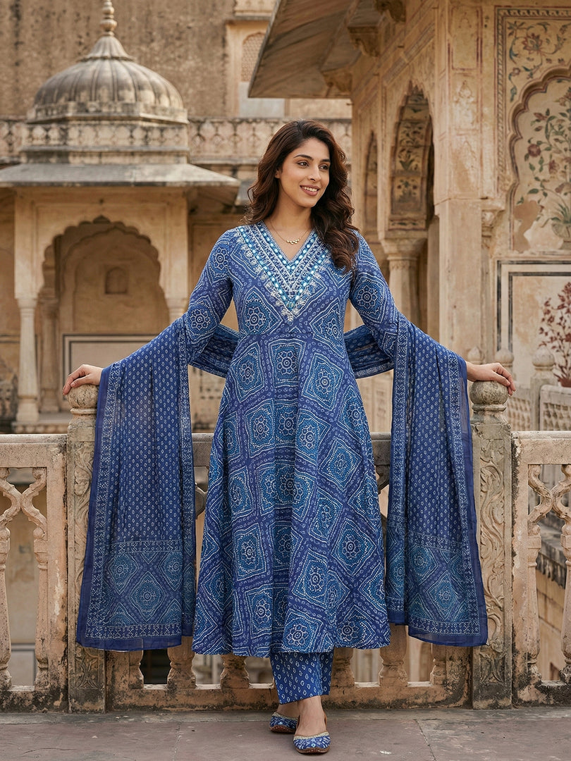 Jaitpuriya Blue Pure Cotton Anarkali Regular Kurta Set